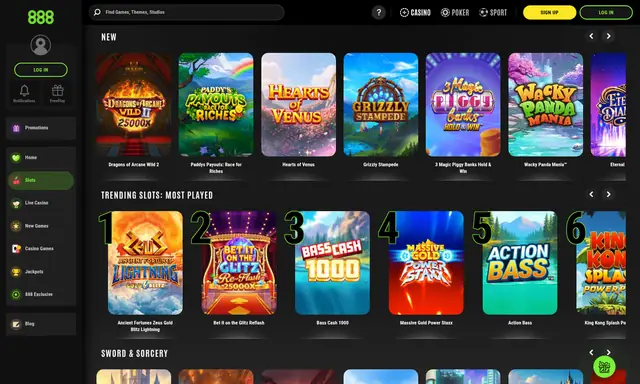 888 Casino slots lobby on desktop, captured September 2026