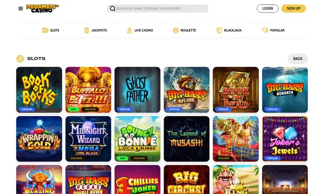 Megaways Casino slots lobby on desktop, captured September 2026