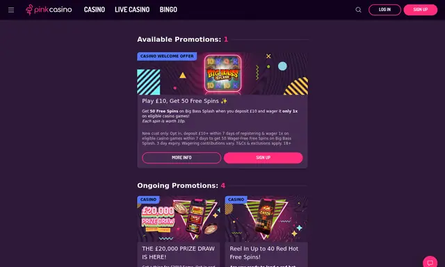 Pink Casino promotions page on desktop, captured August 2026