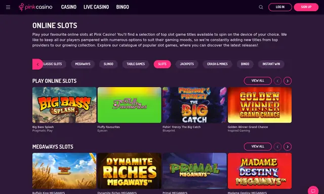 Pink Casino slots lobby on desktop, captured August 2026