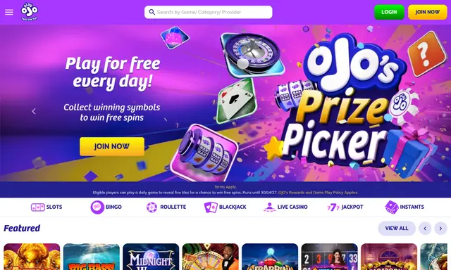 PlayOJO homepage on desktop, captured September 2026