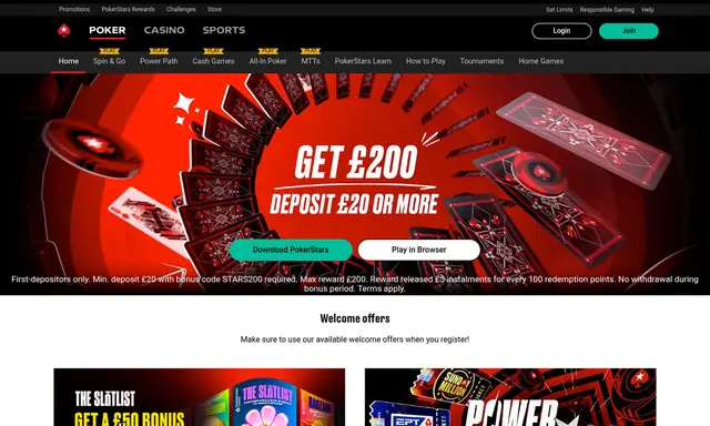 PokerStars homepage on desktop, captured August 2026
