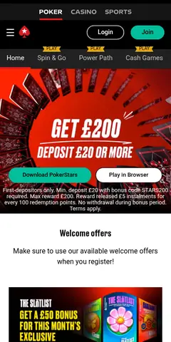 PokerStars mobile site, captured August 2026