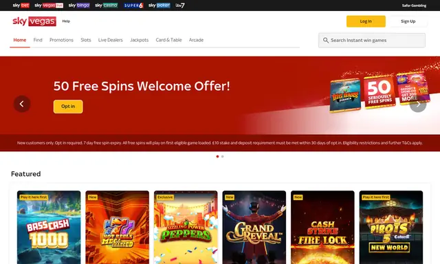 Sky Vegas homepage on desktop, captured August 2026