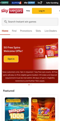 Sky Vegas mobile site, captured August 2026