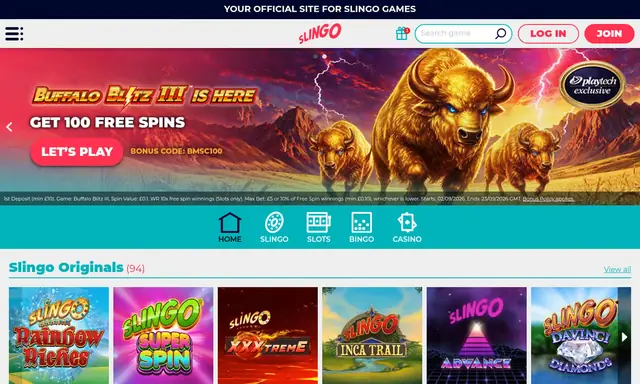 Slingo homepage on desktop, captured September 2026