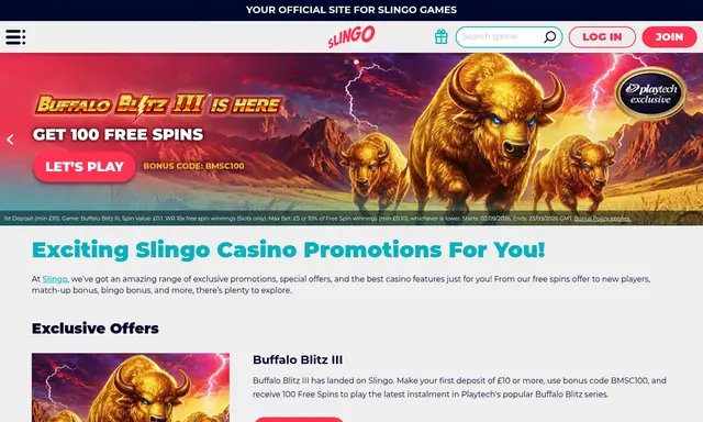 Slingo promotions page on desktop, captured September 2026