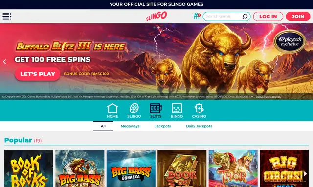 Slingo slots lobby on desktop, captured September 2026