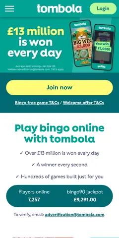 Tombola mobile site, captured August 2026
