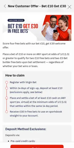 Virgin Bet mobile site, captured August 2026