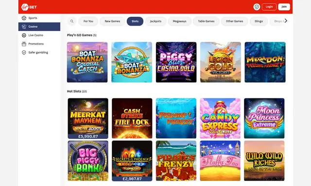 Virgin Bet slots lobby on desktop, captured August 2026