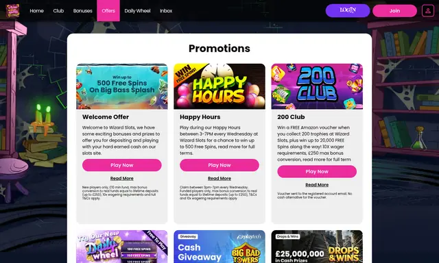 Wizard Slots promotions page on desktop, captured September 2026